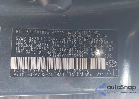 2016 Toyota Corolla L из США, поврежденный, VIN 2T1BURHEXGC706734